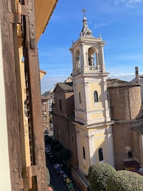 Church bell tower across the street
