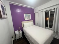 Room didn’t have a closet had a nice clean bathroom ideal for one good for two people, but a little cramped for two
