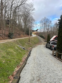 Secondary parking location for one vehicle, weather permitting. You can see the entrance of Appalachian ski Mountain resort from the porch. That is as far as you have to walk to be there.