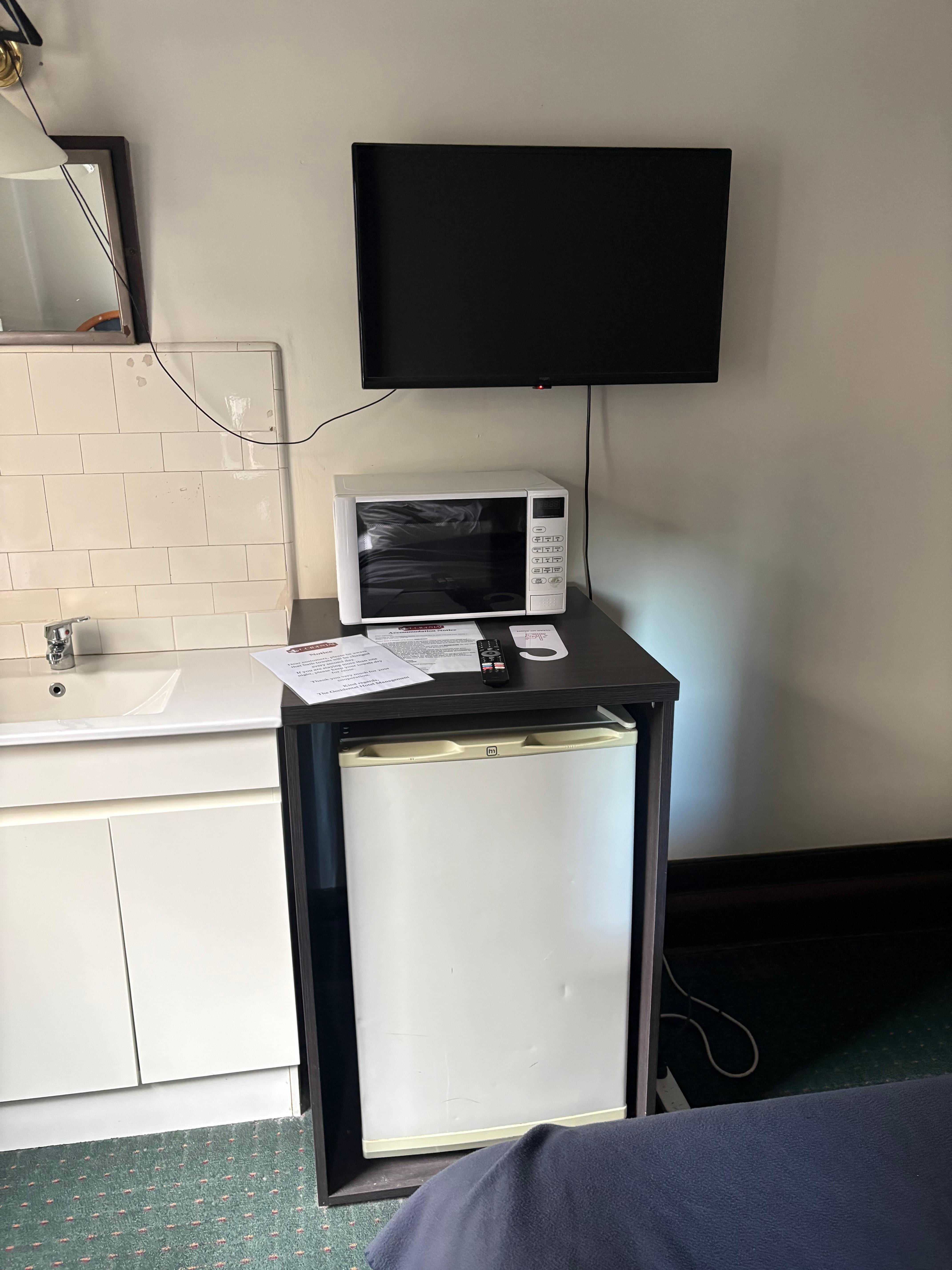 Small bar fridge, sink, TV.