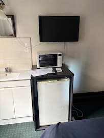 Small bar fridge, sink, TV.