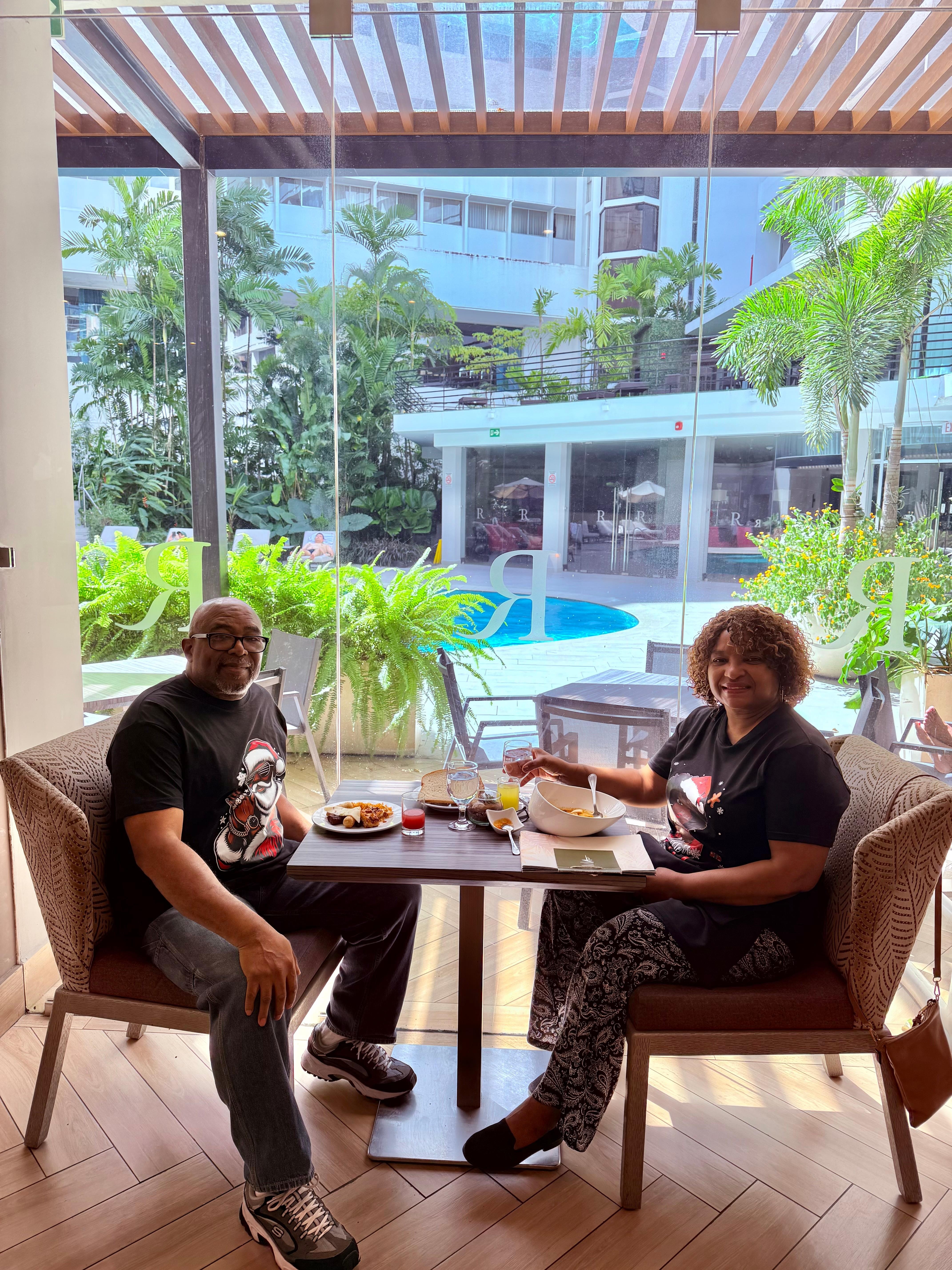 In the dining room,having brunch 