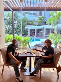 In the dining room,having brunch