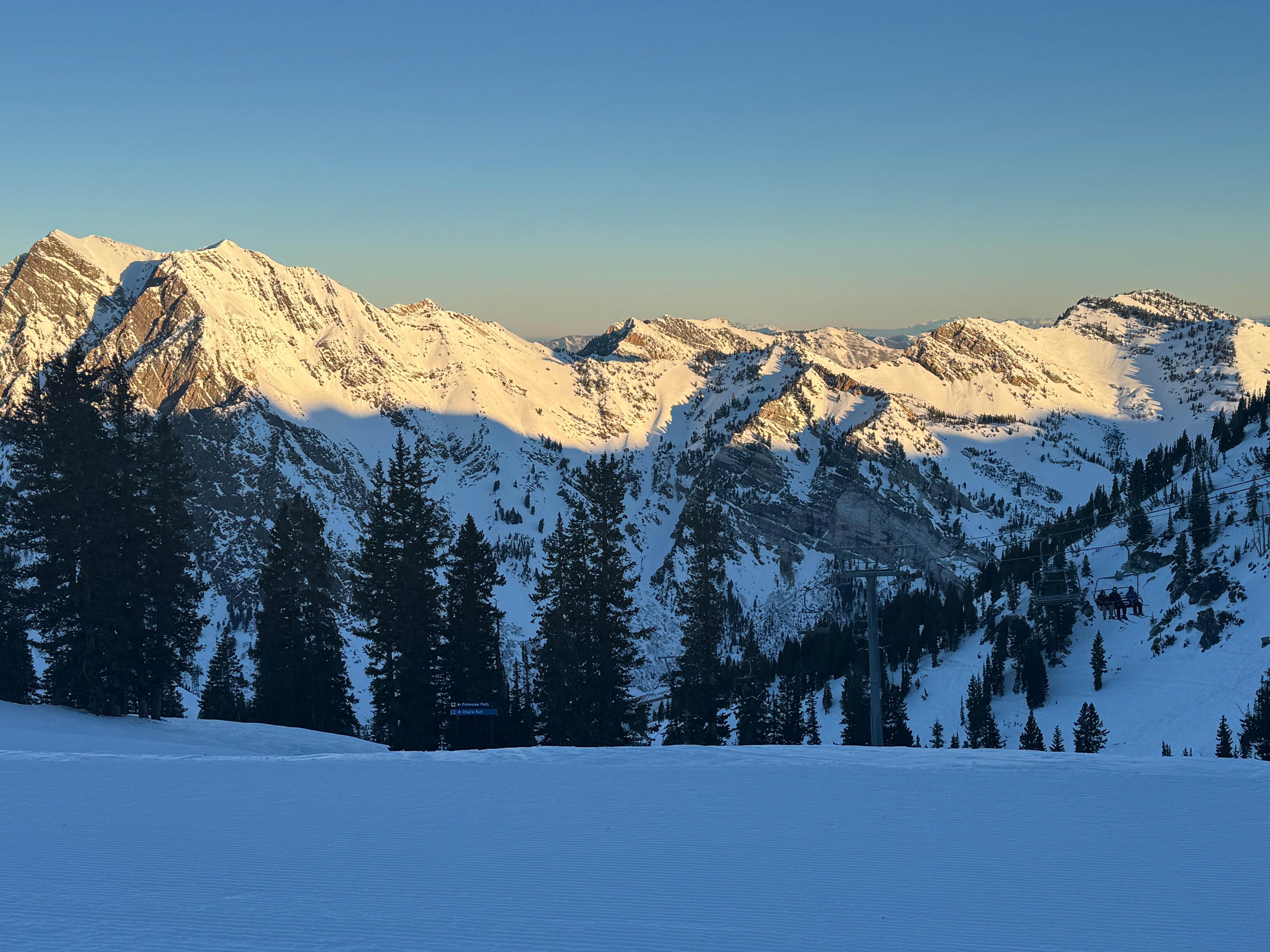 View from top of Peruvian chair at Snowbird near entrance to tunnel/conveyor to Mineral Basin. 
