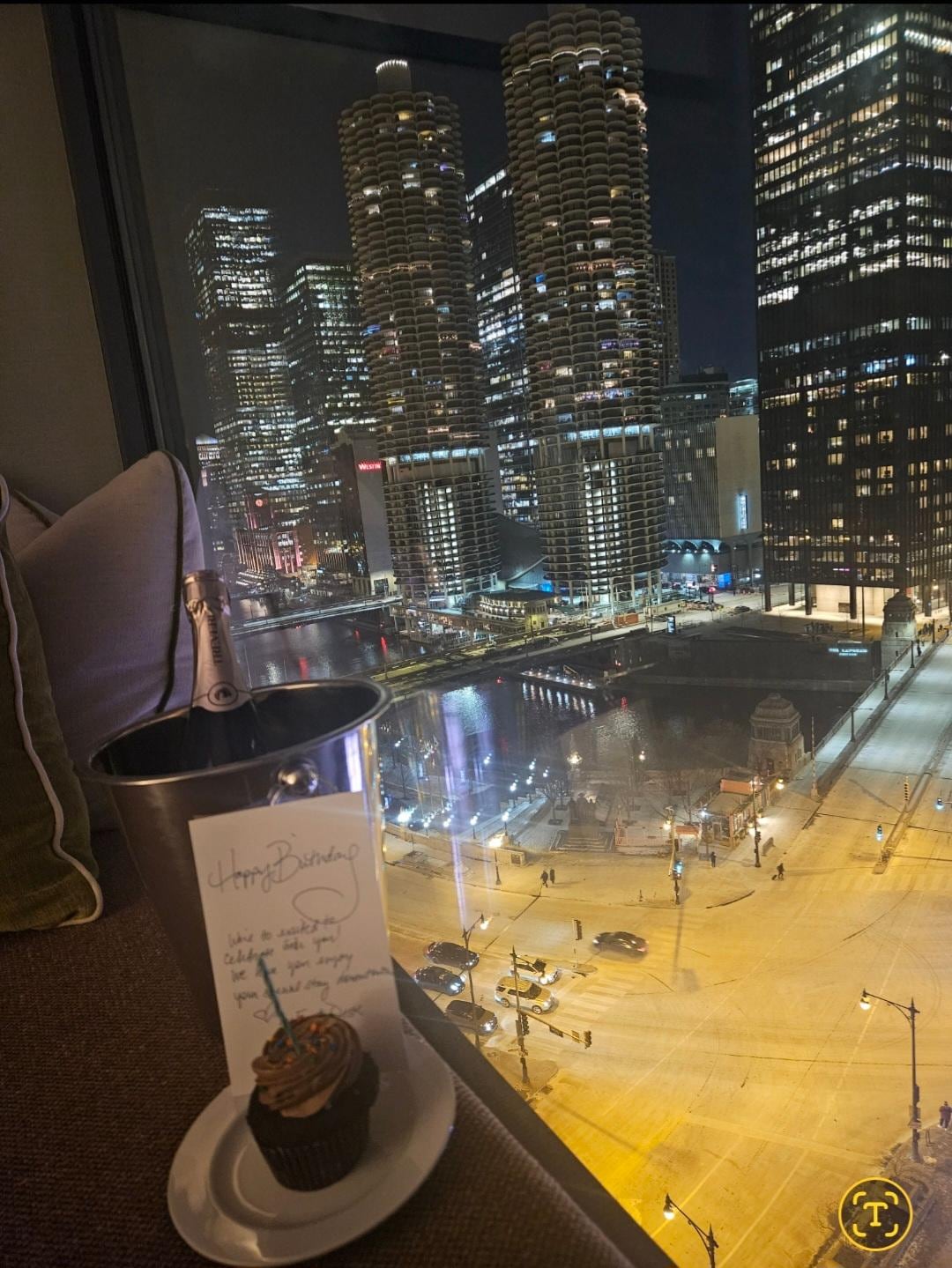 It was my birthday, free champagne and cupcake  from the hotel, upgrade to a better room with this view.