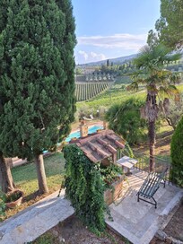 Blick vom Balkon zum Pool