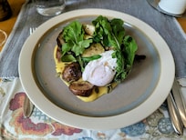 Grilled vegetables, poached egg over toast