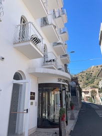Outside the hotel