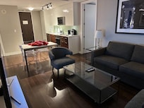 view from living room into kitchen