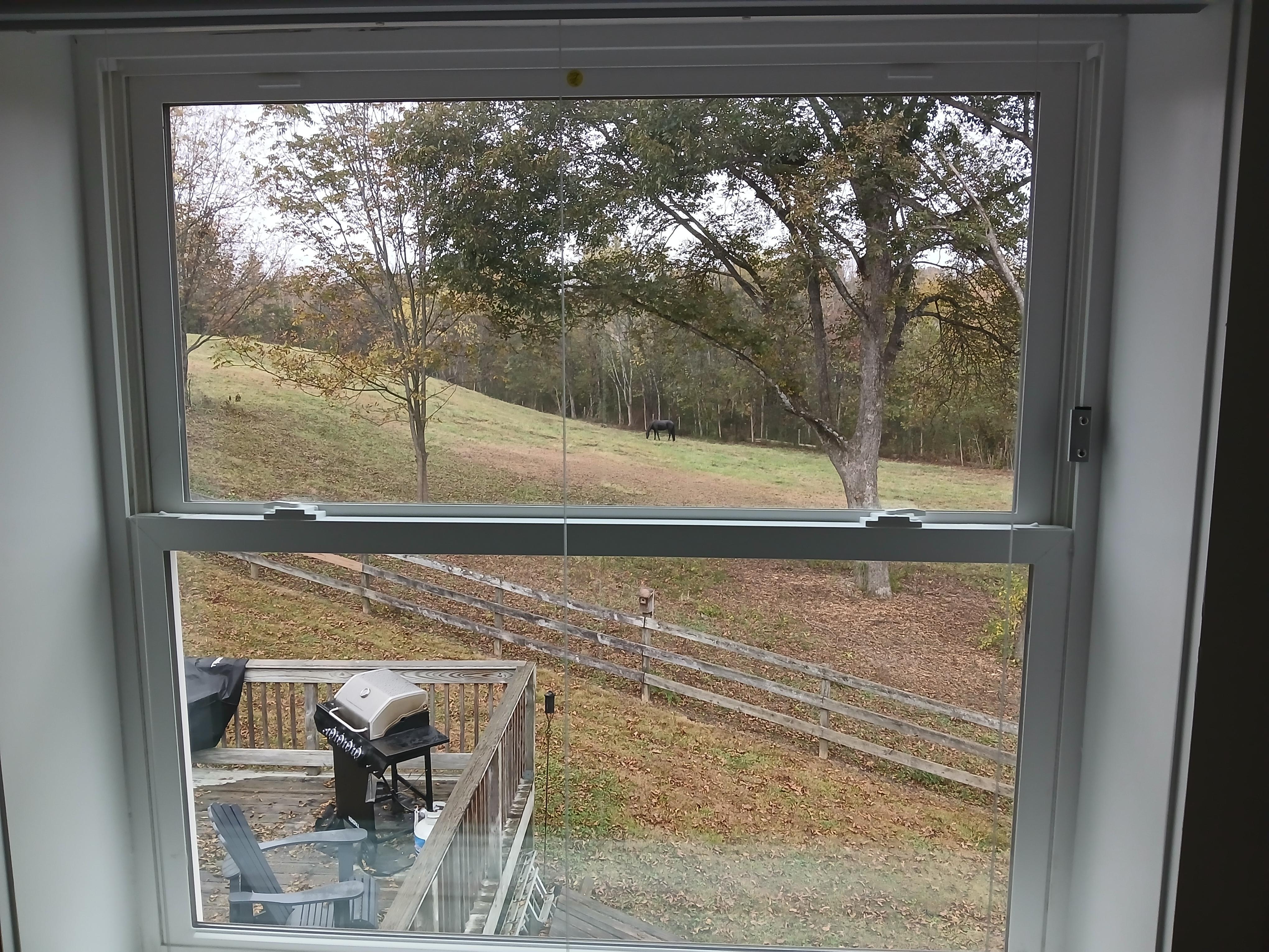 Looking out window at the top of the stairs. 
