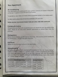 One of the pages in the "hotel guest rule book".
The extra costs for additional bits and pieces.