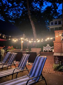 Pool area at night.