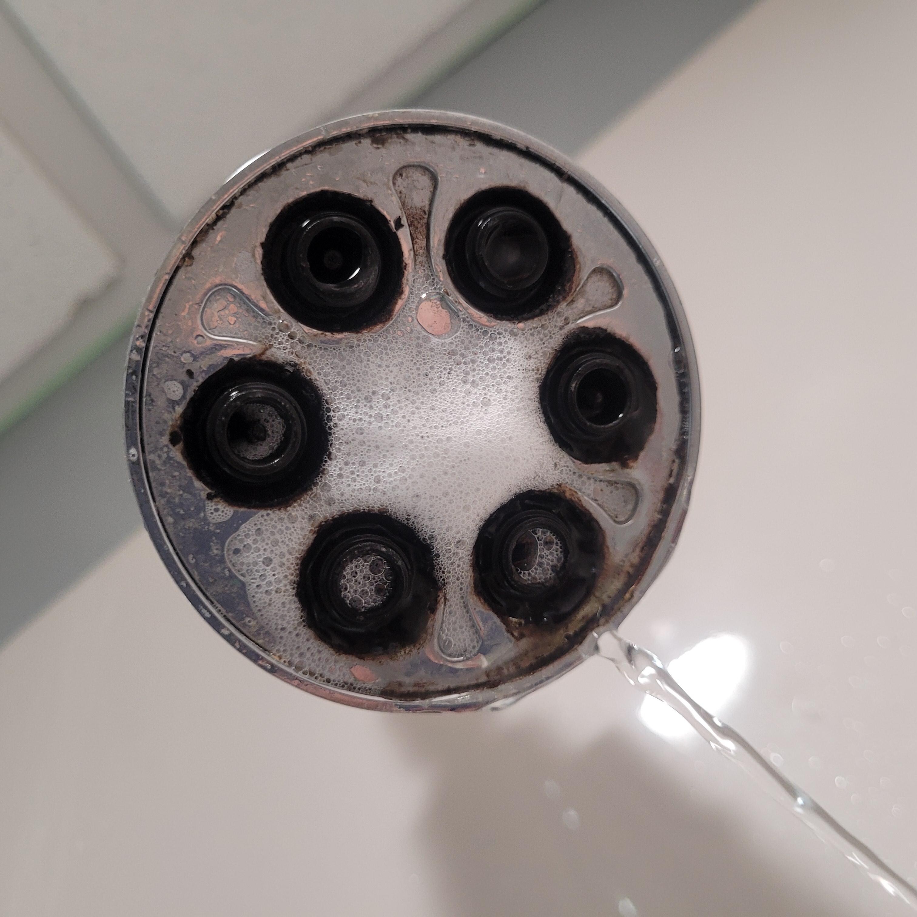 Cleaning the shower head in the hall bathroom. 