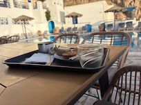 Breakfast view with pool bavkground