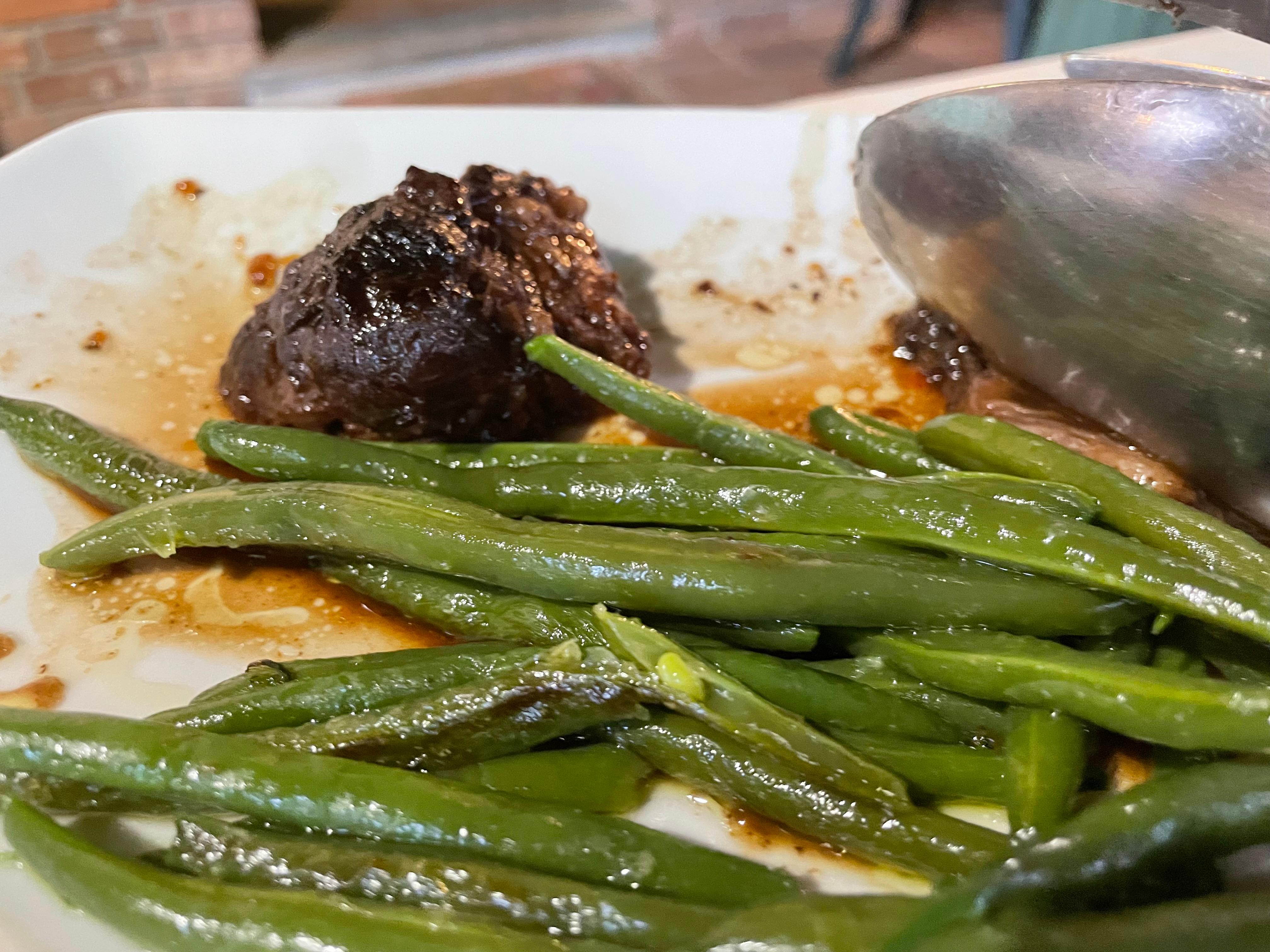 Ooooh the best meal! Beef with red wine reduction - was cut butter knife soft. Green beans from their garden. 