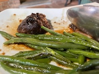 Ooooh the best meal! Beef with red wine reduction - was cut butter knife soft. Green beans from their garden.