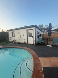 Pool is not heated but it was warm enough if you stay moving.