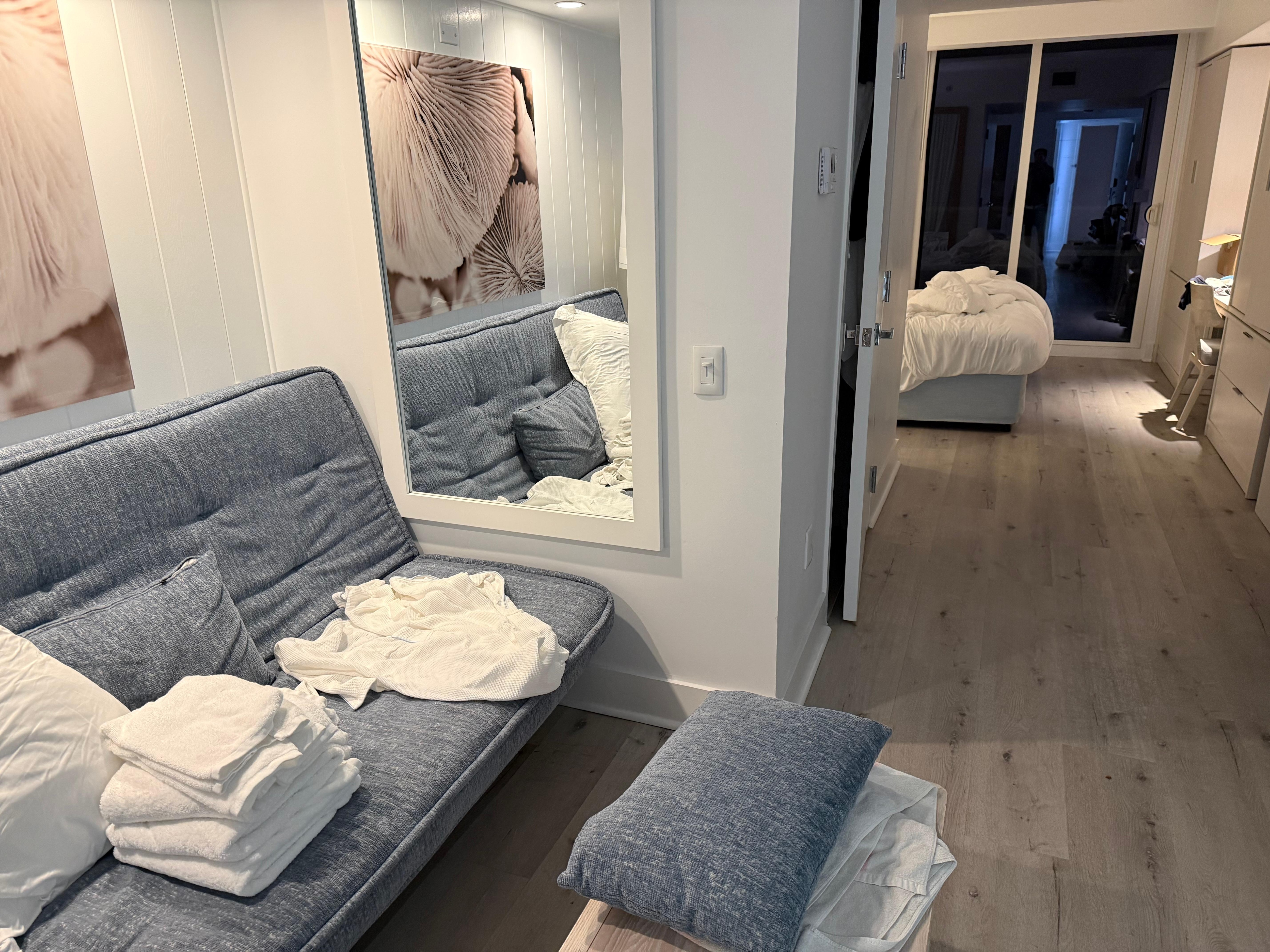 There were no towels in the room. When we asked for towels, they left them like this.