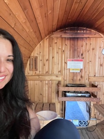 Enjoying the Sauna. What an amazing unique feature of this property!