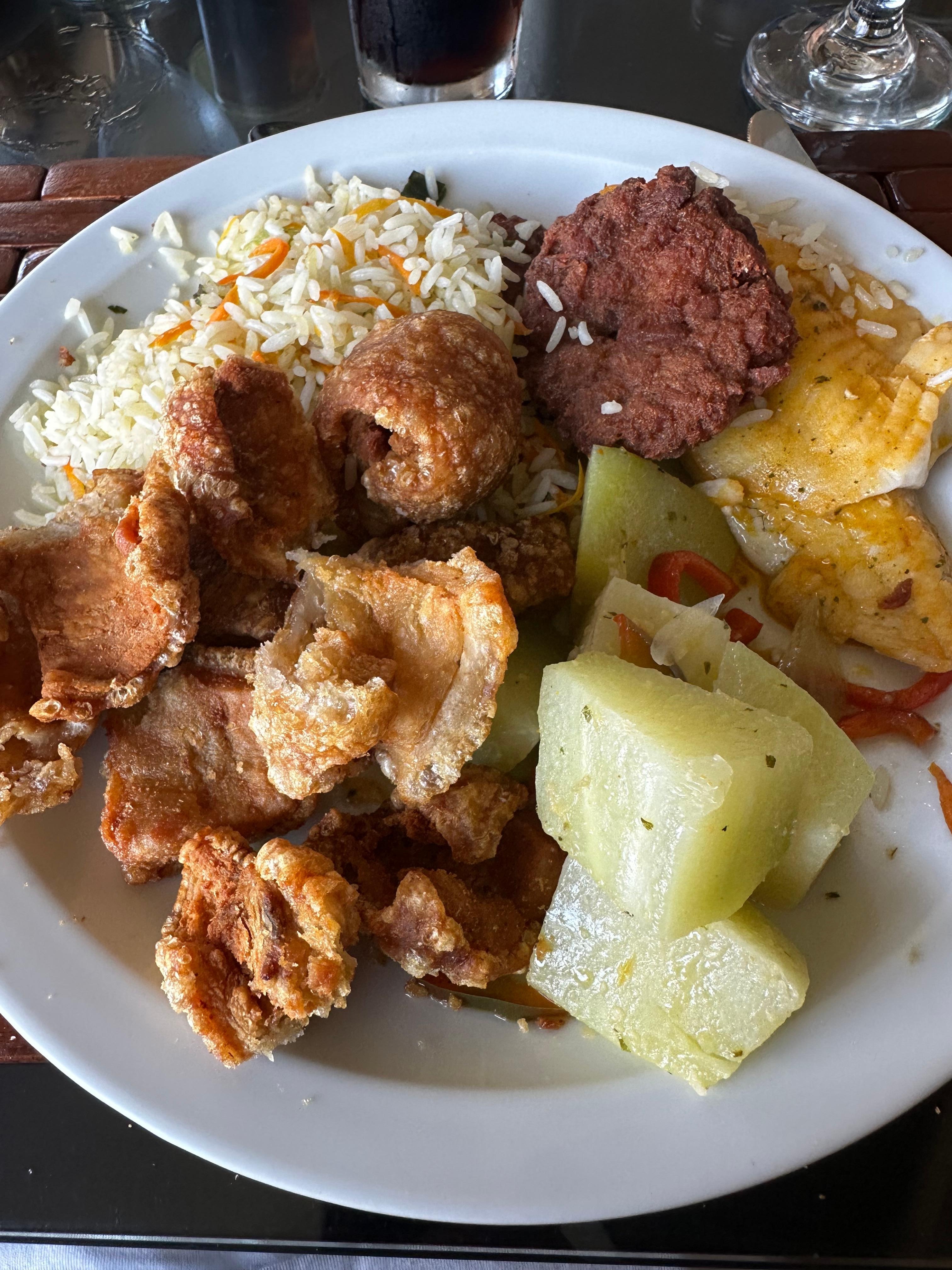 Sample lunch: Chicharon, stirfry chayote and mixed vegetables, mashed sweet potatoes 