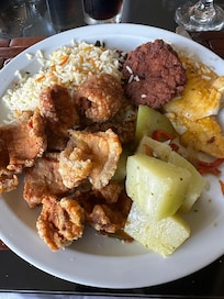 Sample lunch: Chicharon, stirfry chayote and mixed vegetables, mashed sweet potatoes