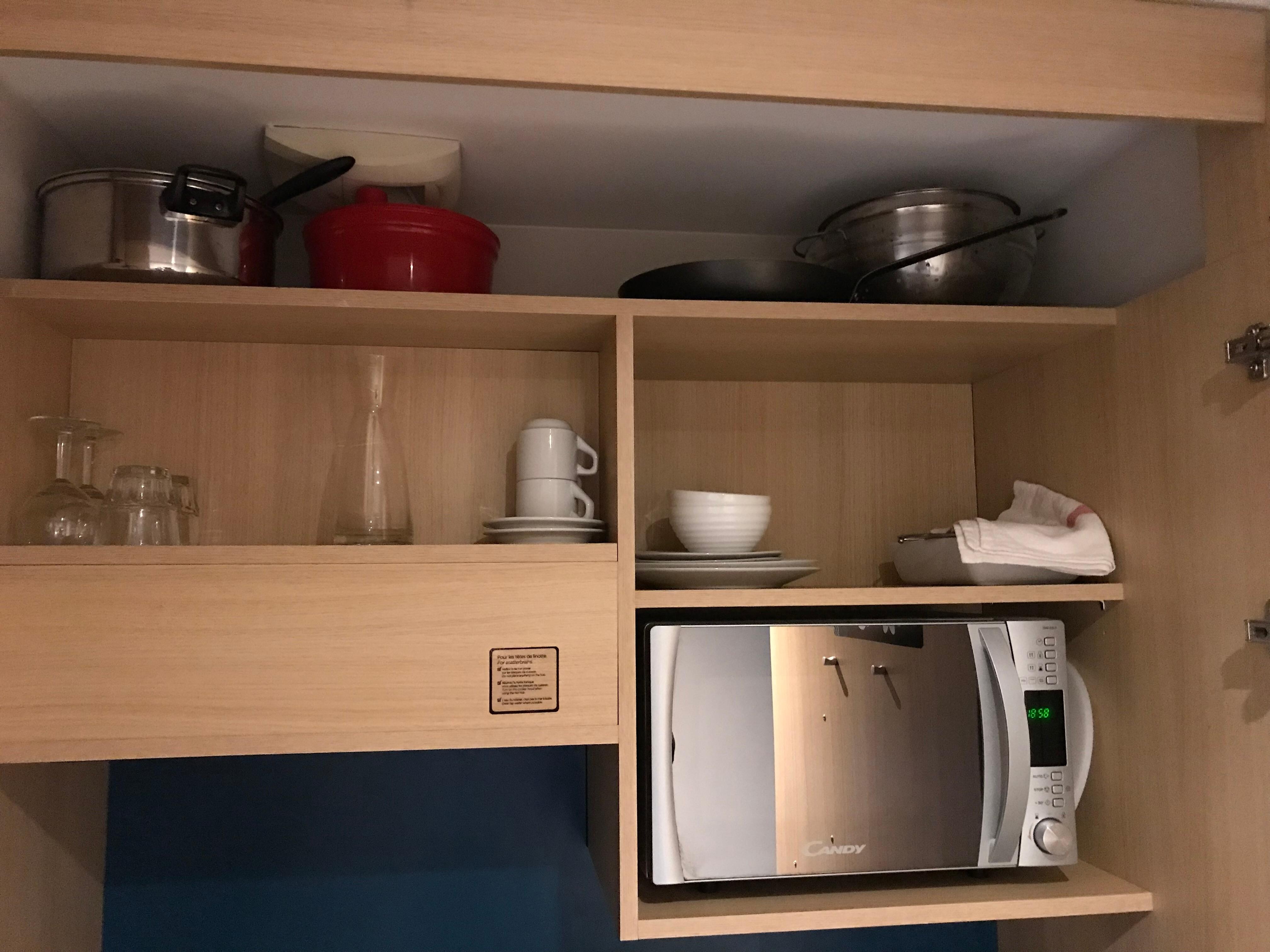 In the same closet is a microwave and few pots which were never used. Plus 2 water glasses and 2 wine glasses.