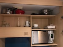 In the same closet is a microwave and few pots which were never used. Plus 2 water glasses and 2 wine glasses.