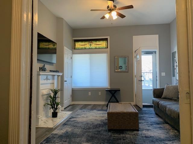 Here is a view of the front living room. There is usually a stylish blue comfy chair in here, too. The door on the right is the front door. There were a few other doors on the main floor that had outside access. 