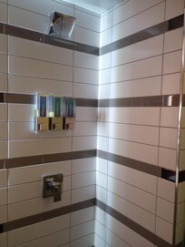 The deluxe shower has a second shower head on the ceiling.