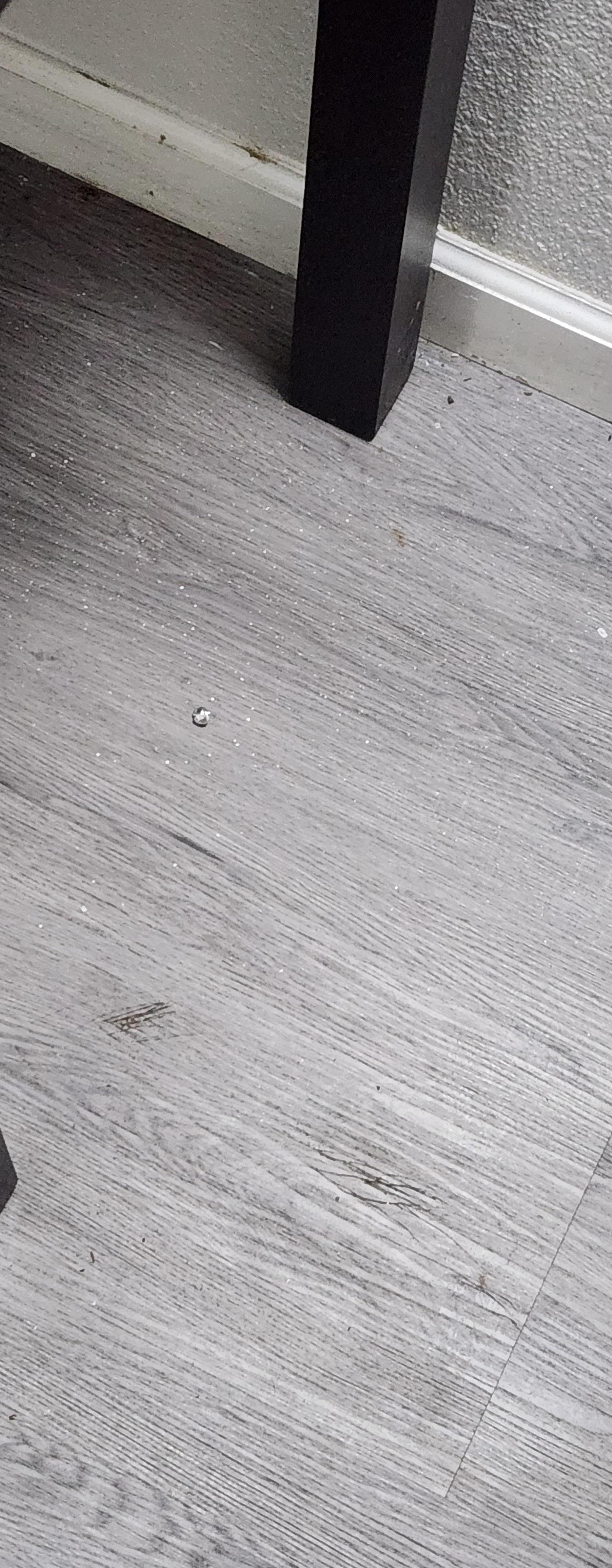 Trash and dirt on the floor by the table