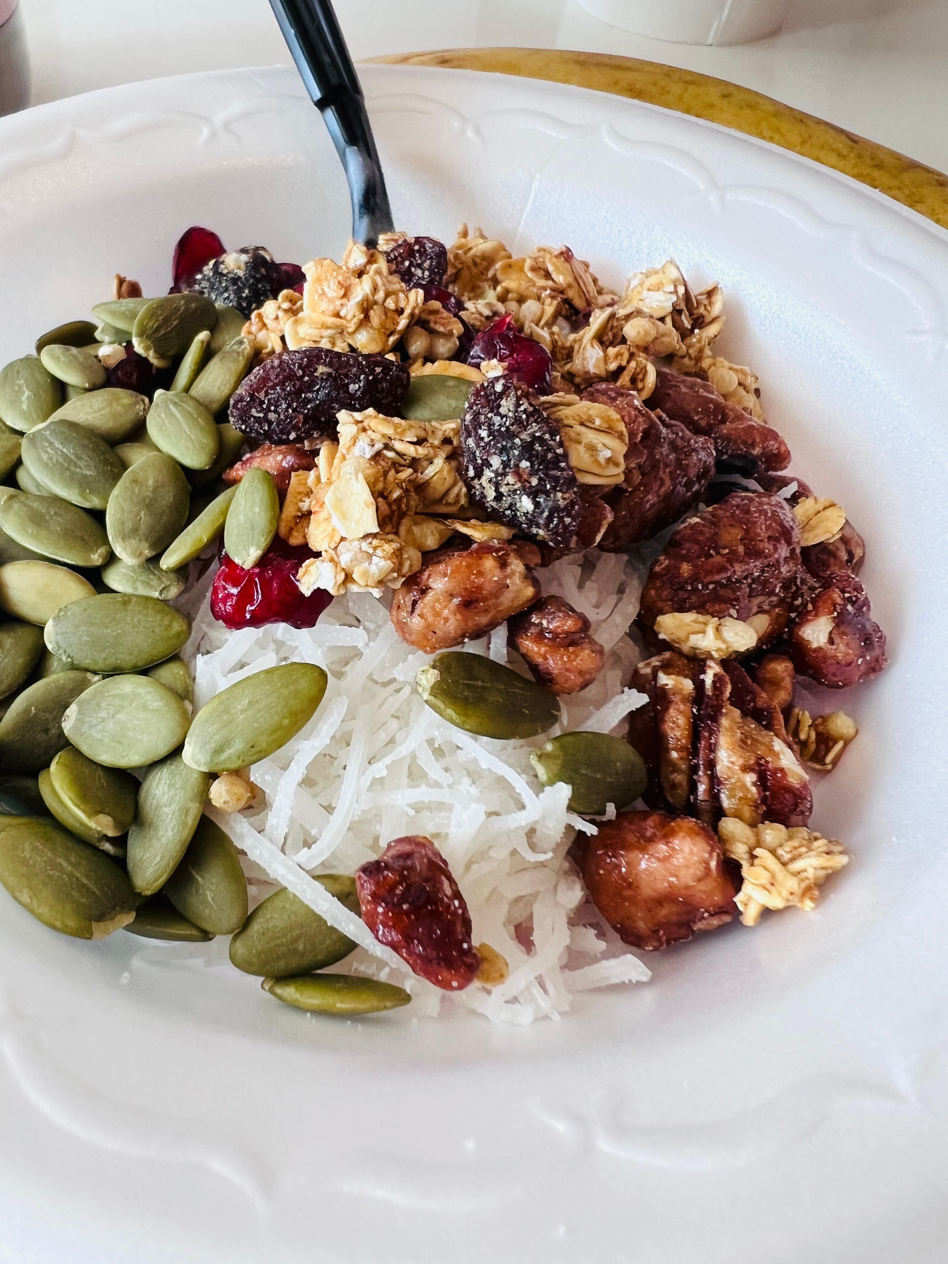 Yogurt with toppings; they have different toppings available 