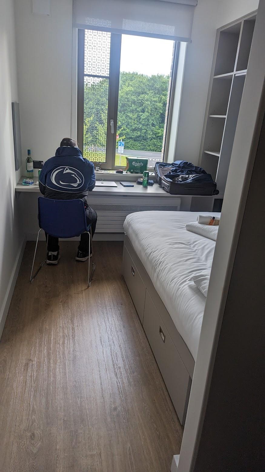 This dormitory room is what the University of Galway billed as "deluxe."