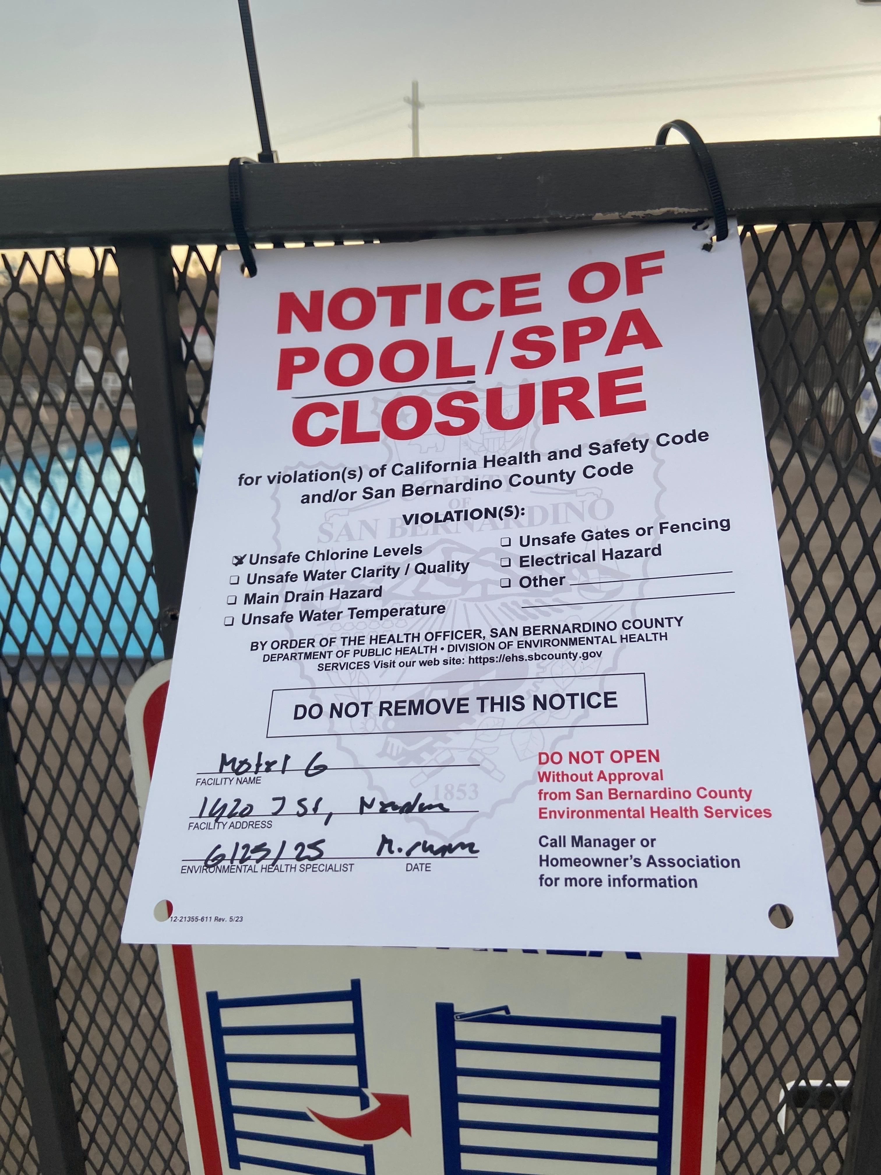 Pool was closed by the Department of Environmental Health