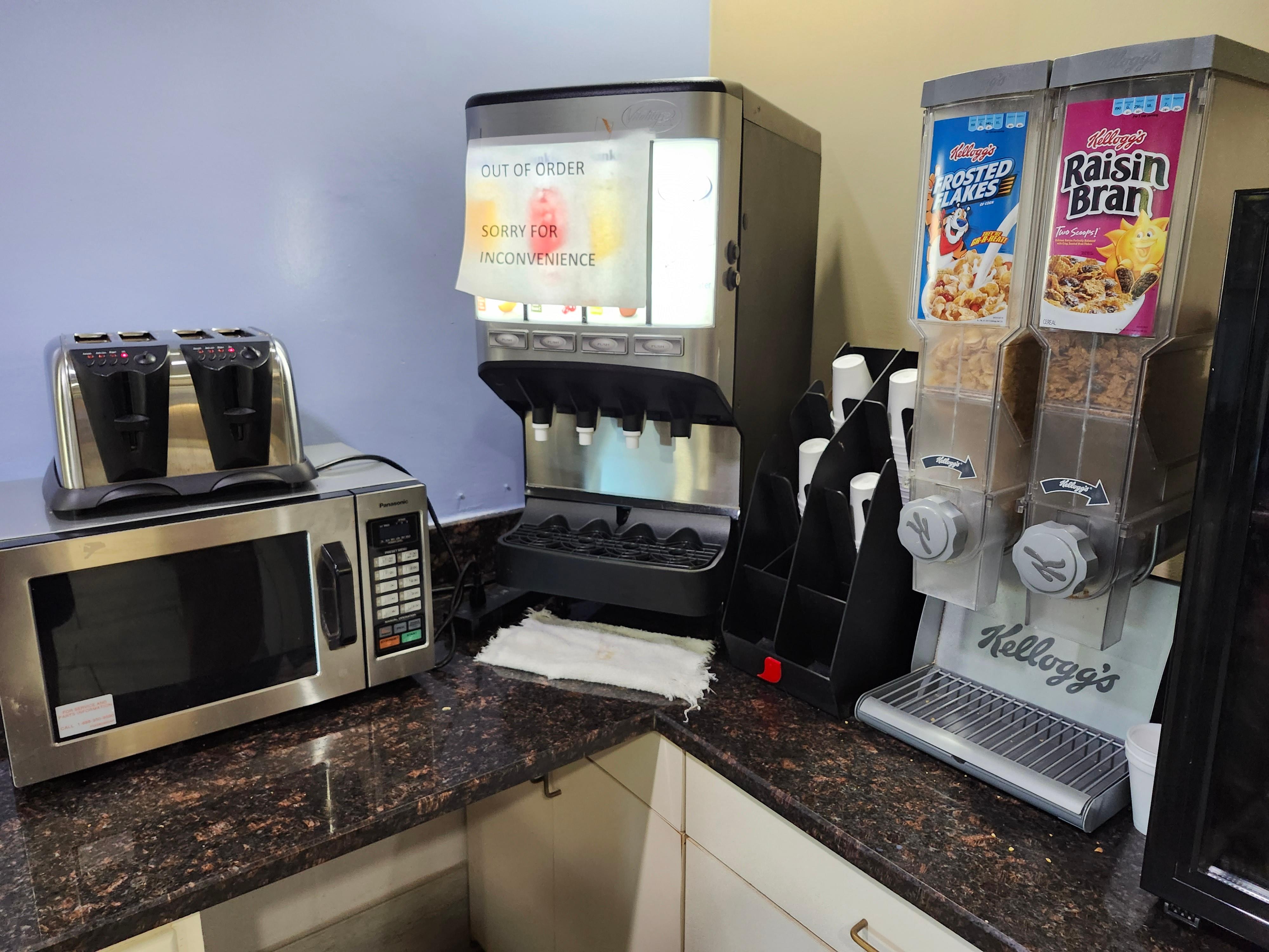 Juice machine not working. They didn't even offer juice. Only two kinds of cereal. My stays with other Super 8s they had a variety of individual cereals.