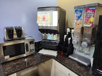 Juice machine not working. They didn't even offer juice. Only two kinds of cereal. My stays with other Super 8s they had a variety of individual cereals.