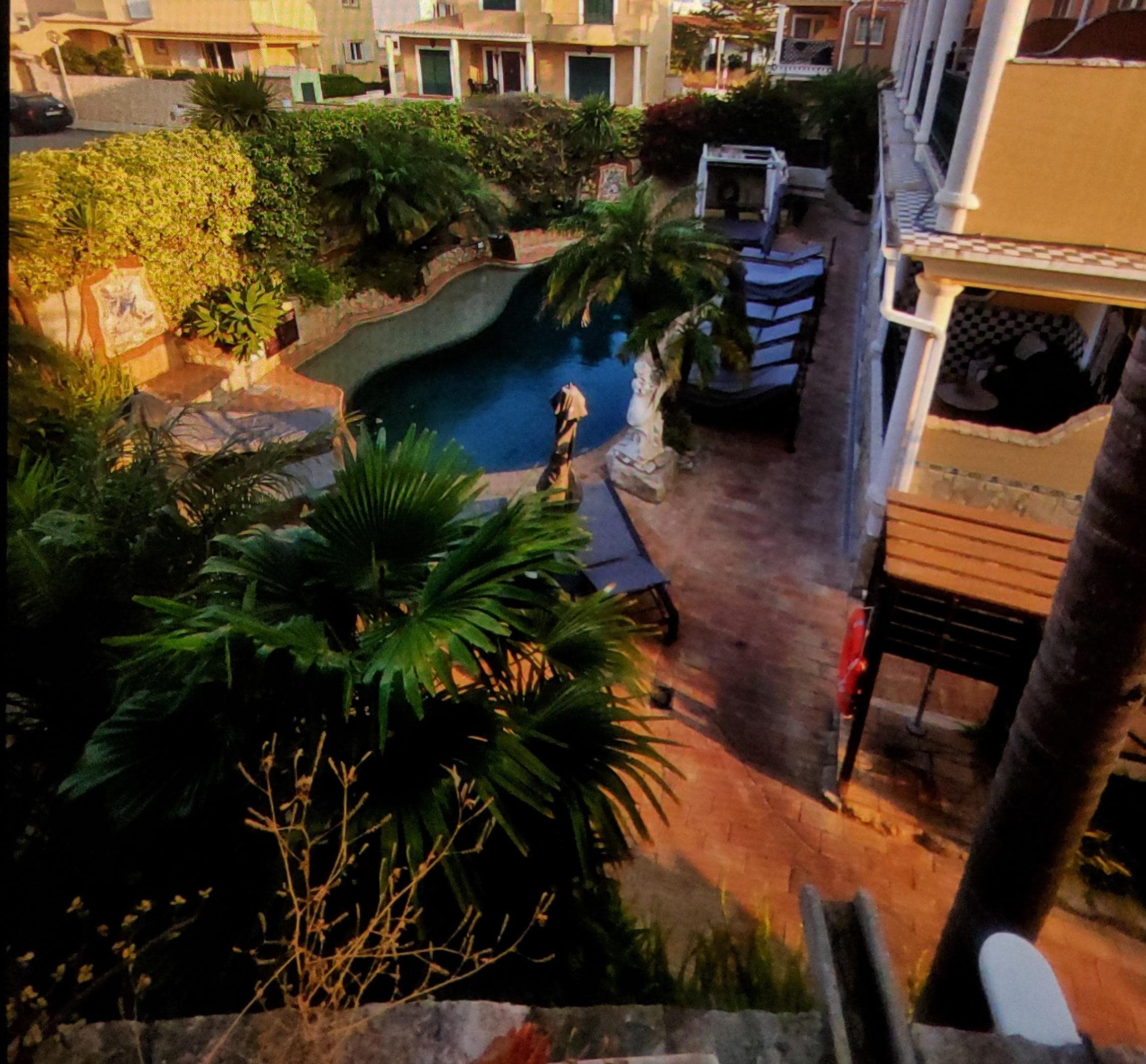 Overlooking the pool area from our spacious balcony.