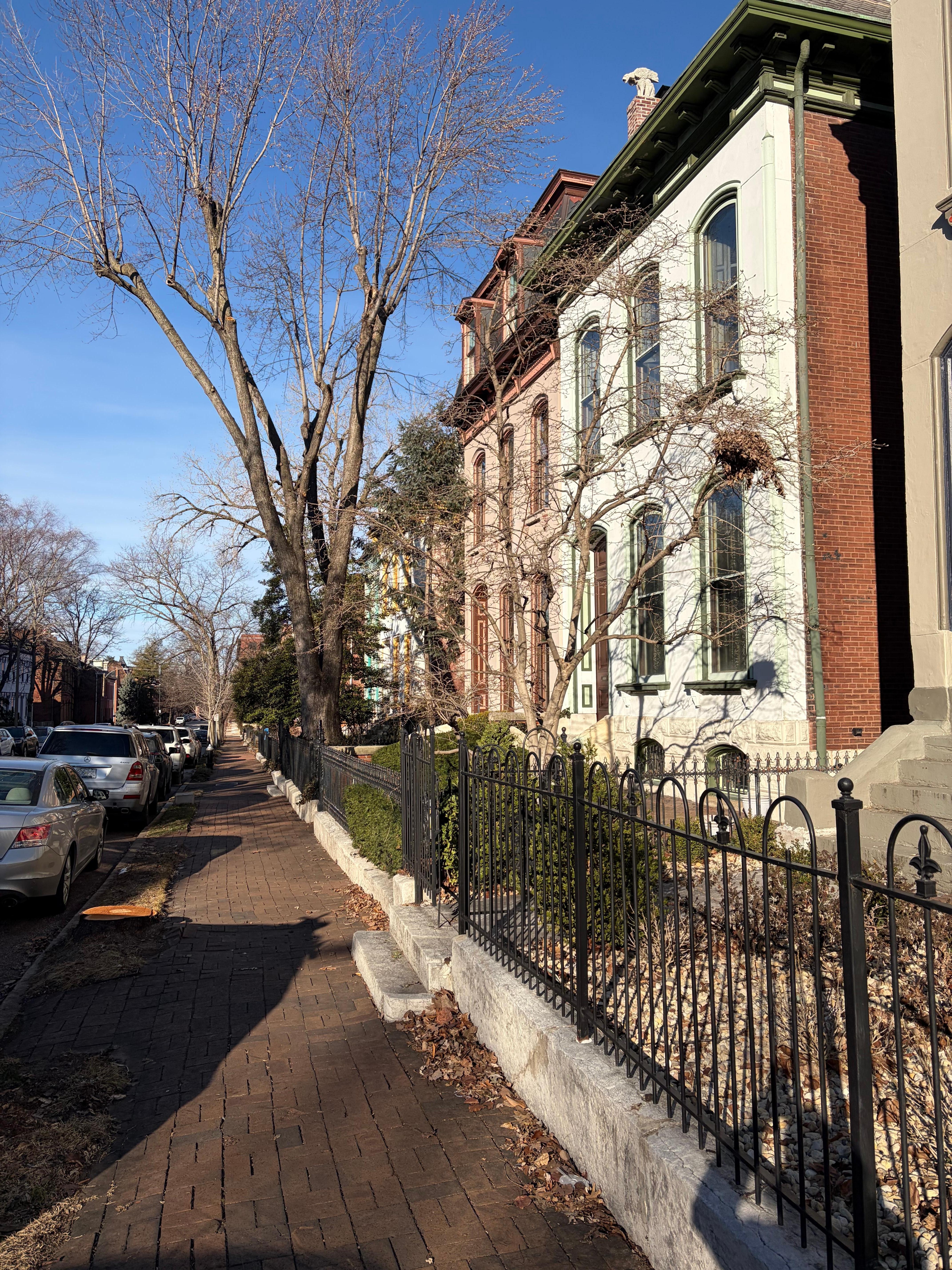 Street view with restored homes. 