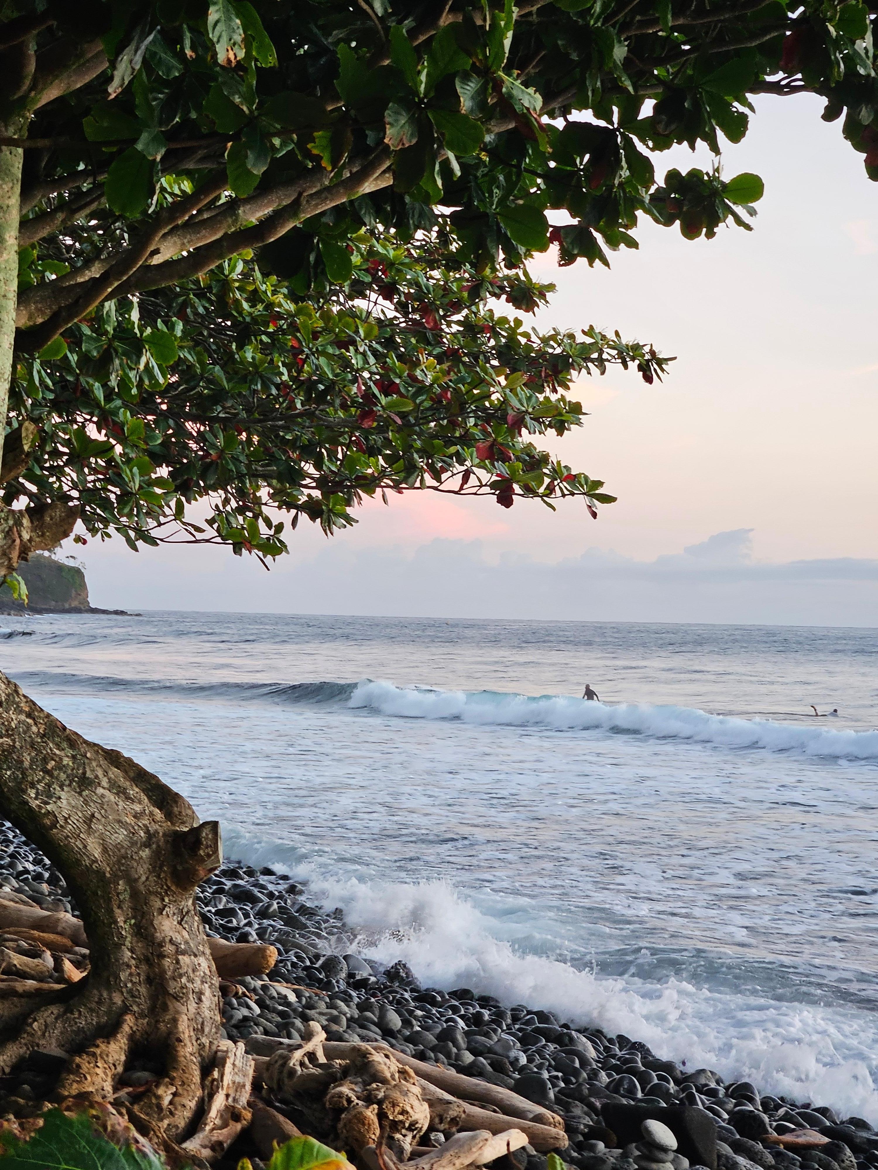 Surfers at Honolii Black sand beach