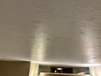 Ceiling shows amber water spotting -indicating water is in Sheetrock behind paint