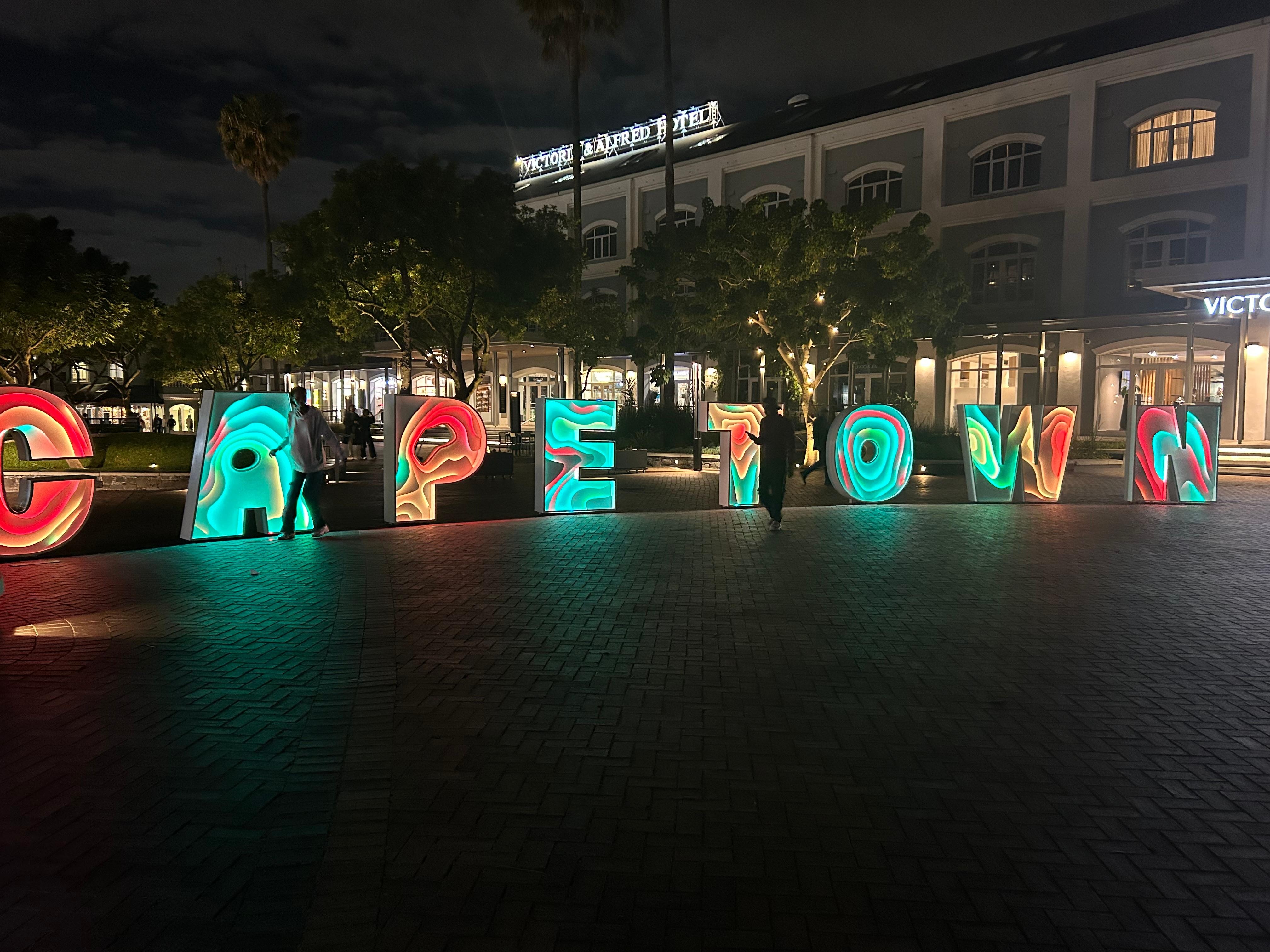 The V&A Waterfront at night.
