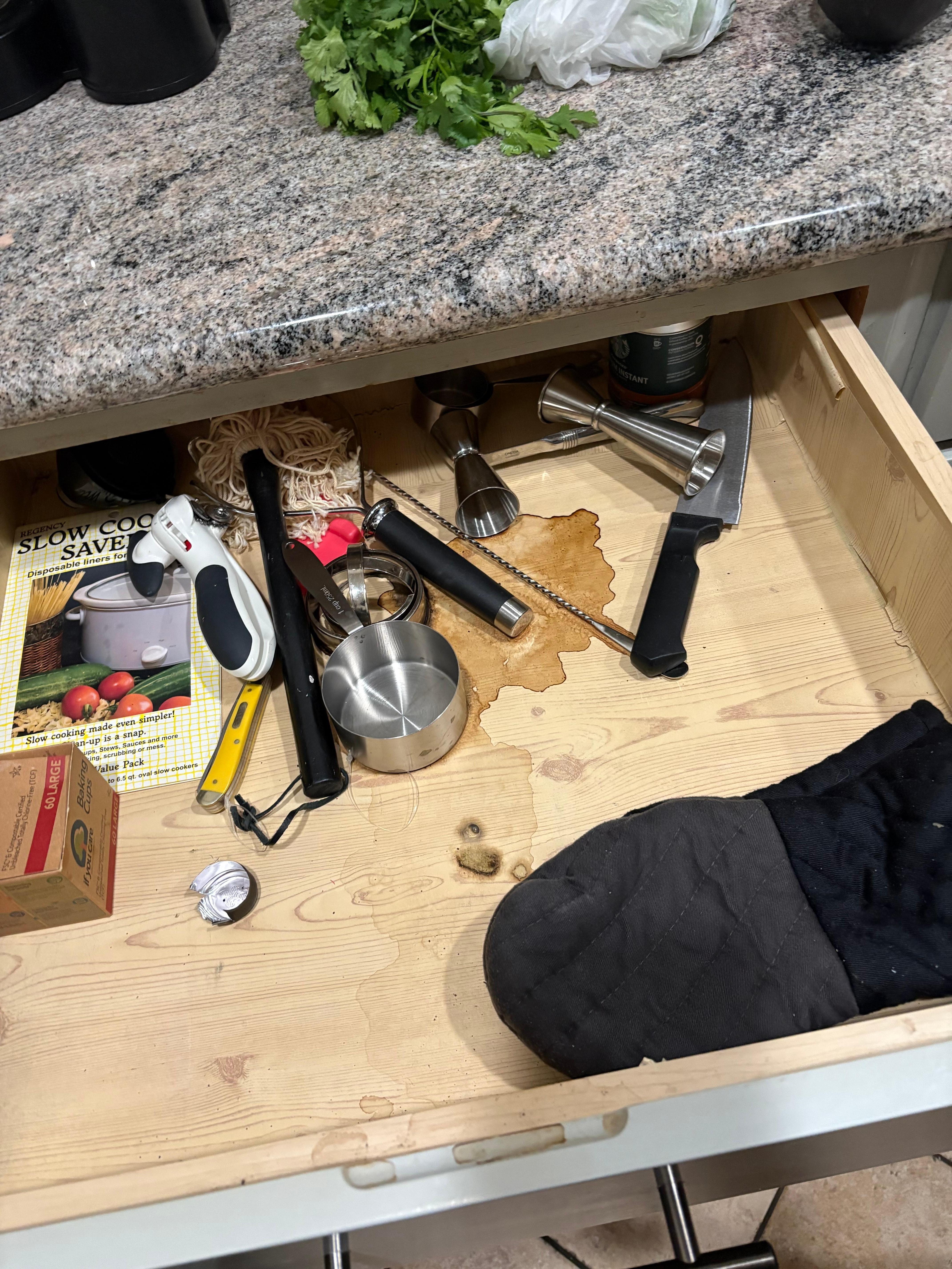 Drawer with spilled liquid 