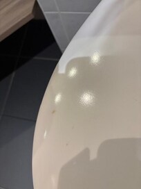 The toilet seat had brown stains