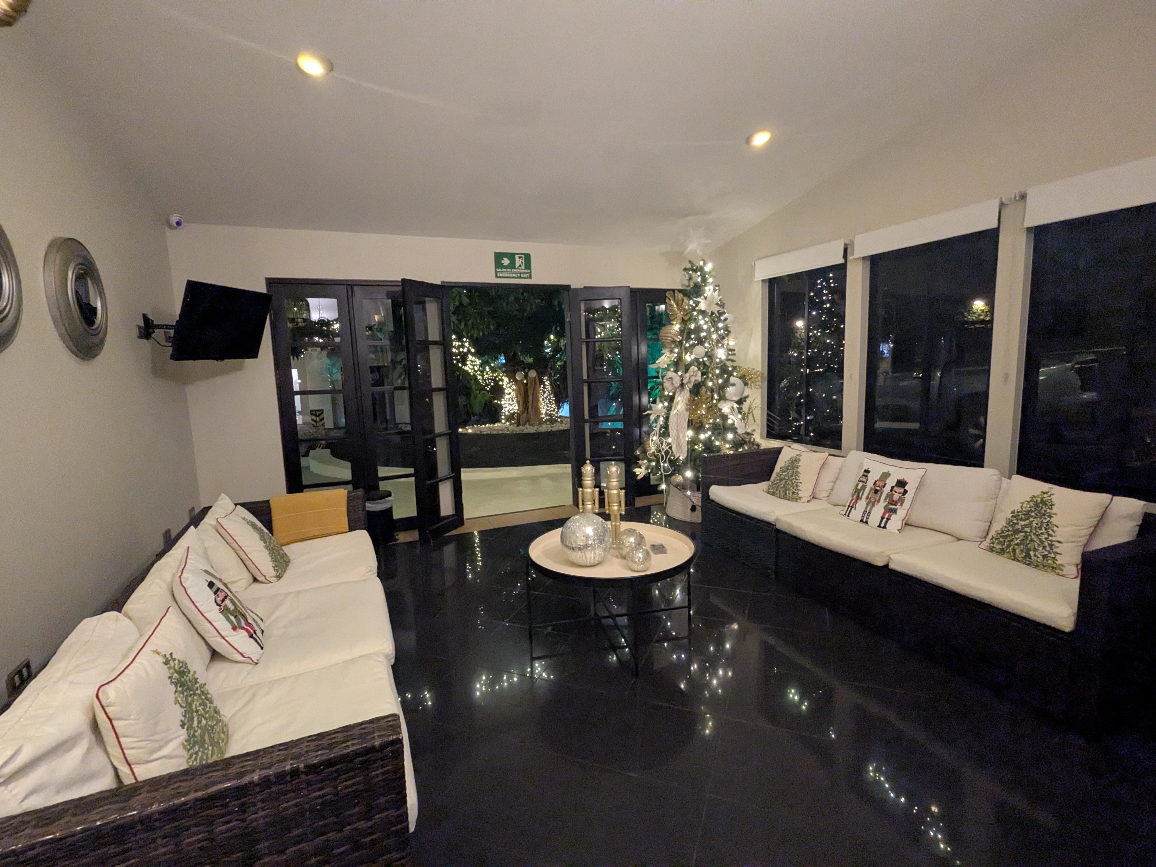 Lobby beautifully decorated for Christmas 