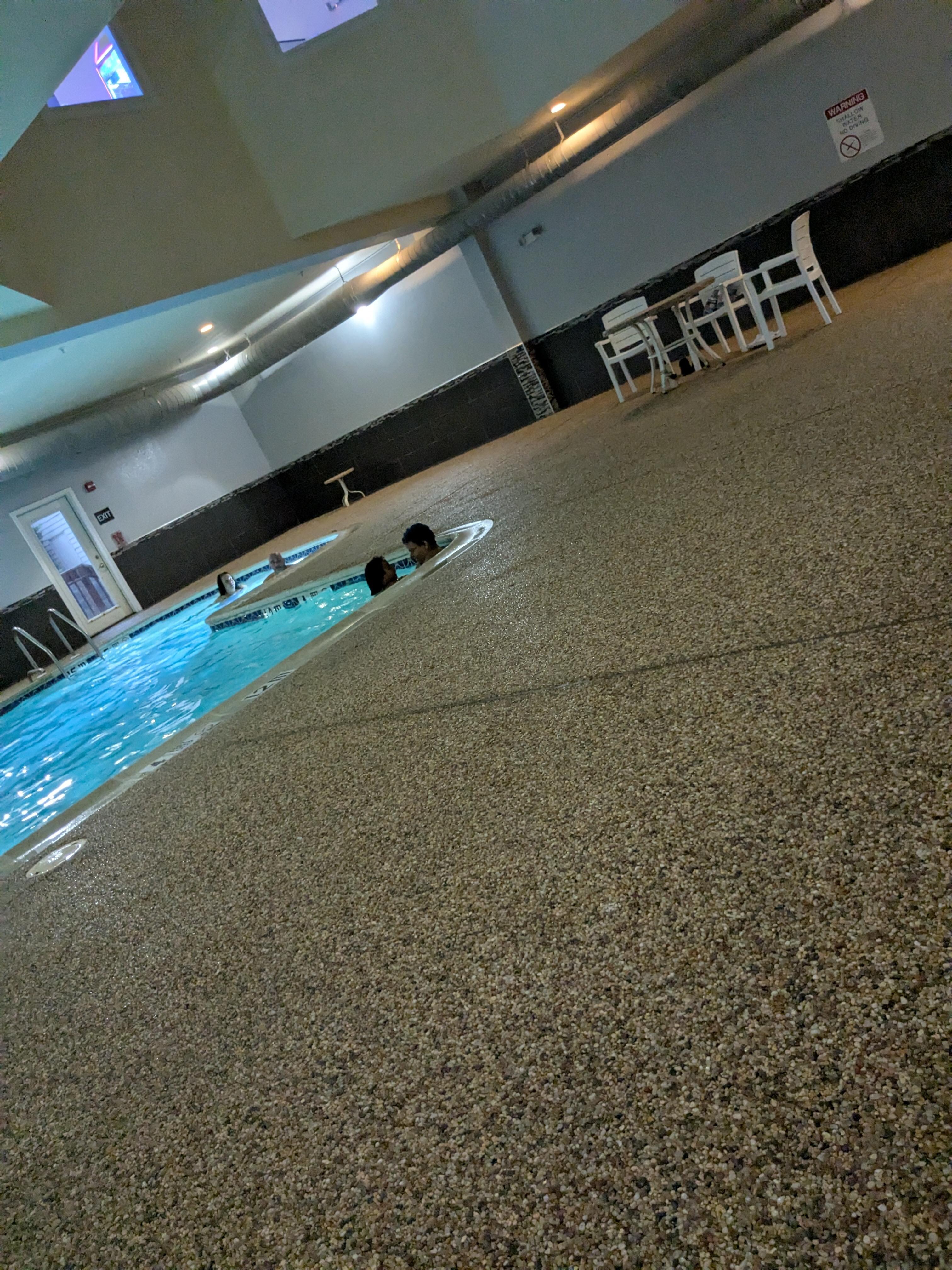 The pool says there is a water slide, but it does not have one. Also the pool area smelled so strong of chlorine that I could not stay there long because my eyes were stinging, and I was not in the pool.