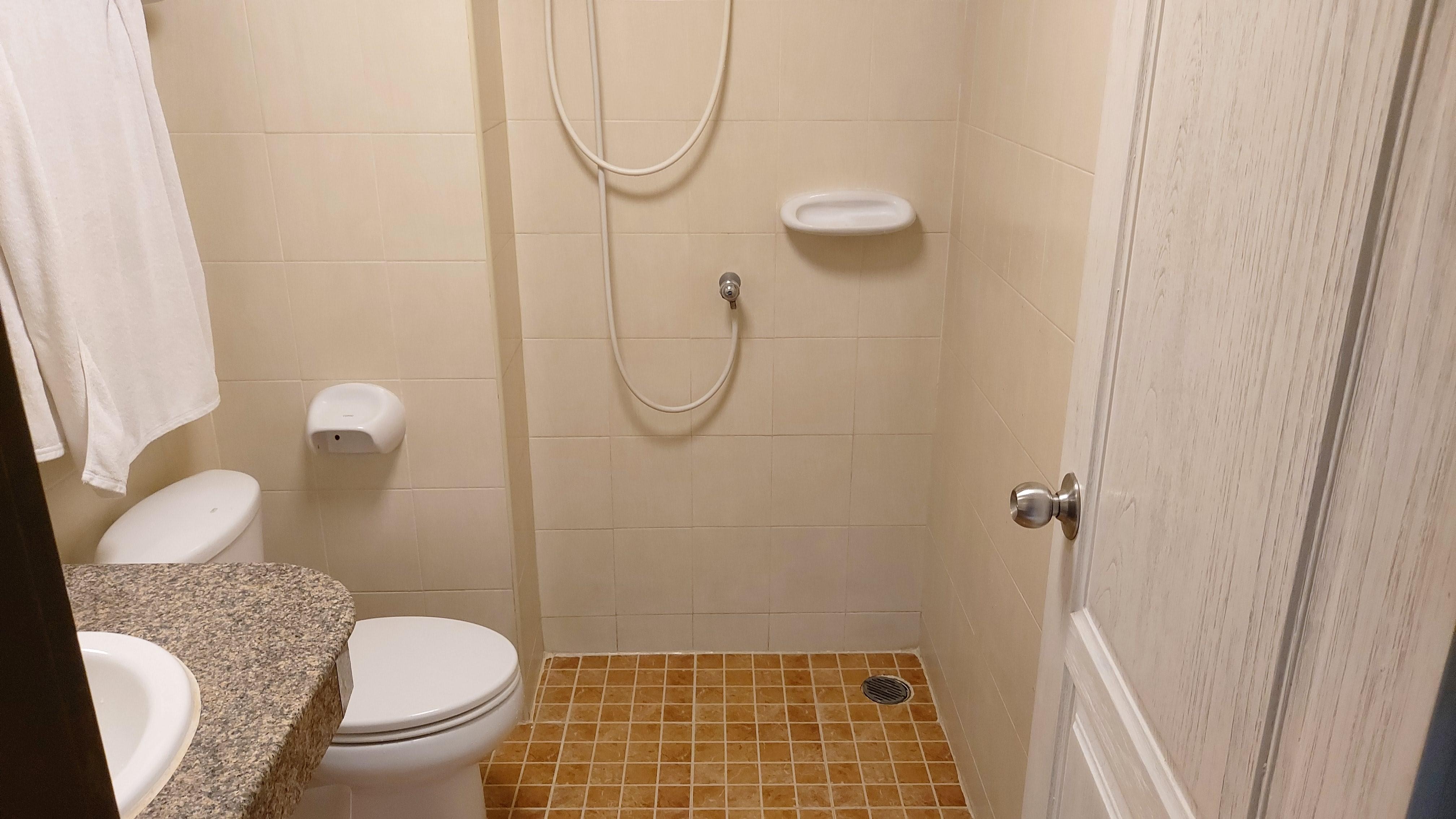 Shower room with no other amenity except soap and shampoo.