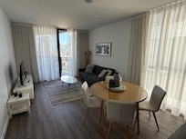 Main area was clean but no extras to make it more comfortable- couch fits 2 but 4 can stay here