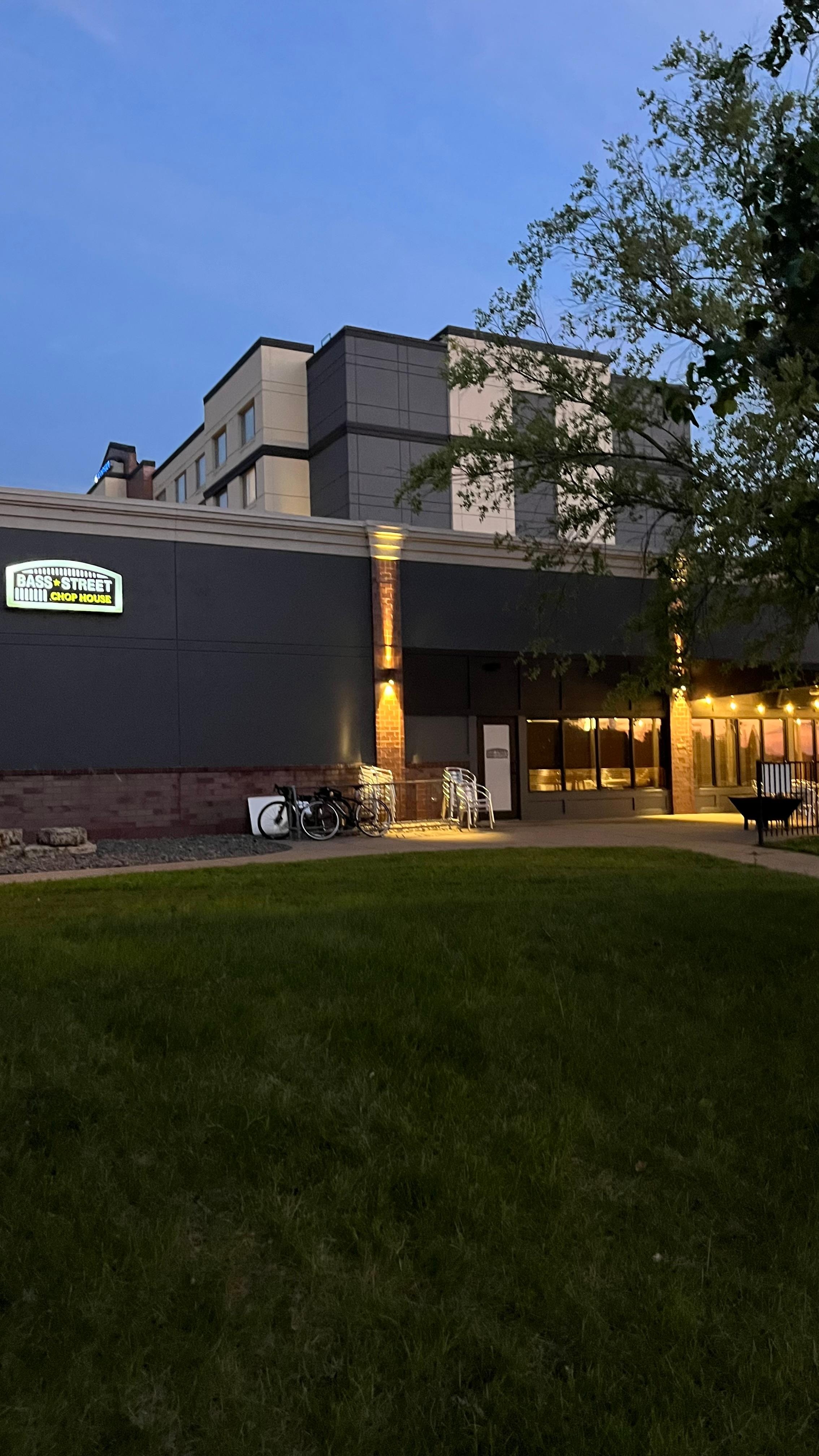 View from river walk in Moline looking back at Wyndham 