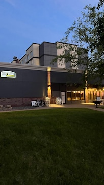 View from river walk in Moline looking back at Wyndham