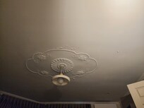 The paint was peeling off the ceiling above the bed.