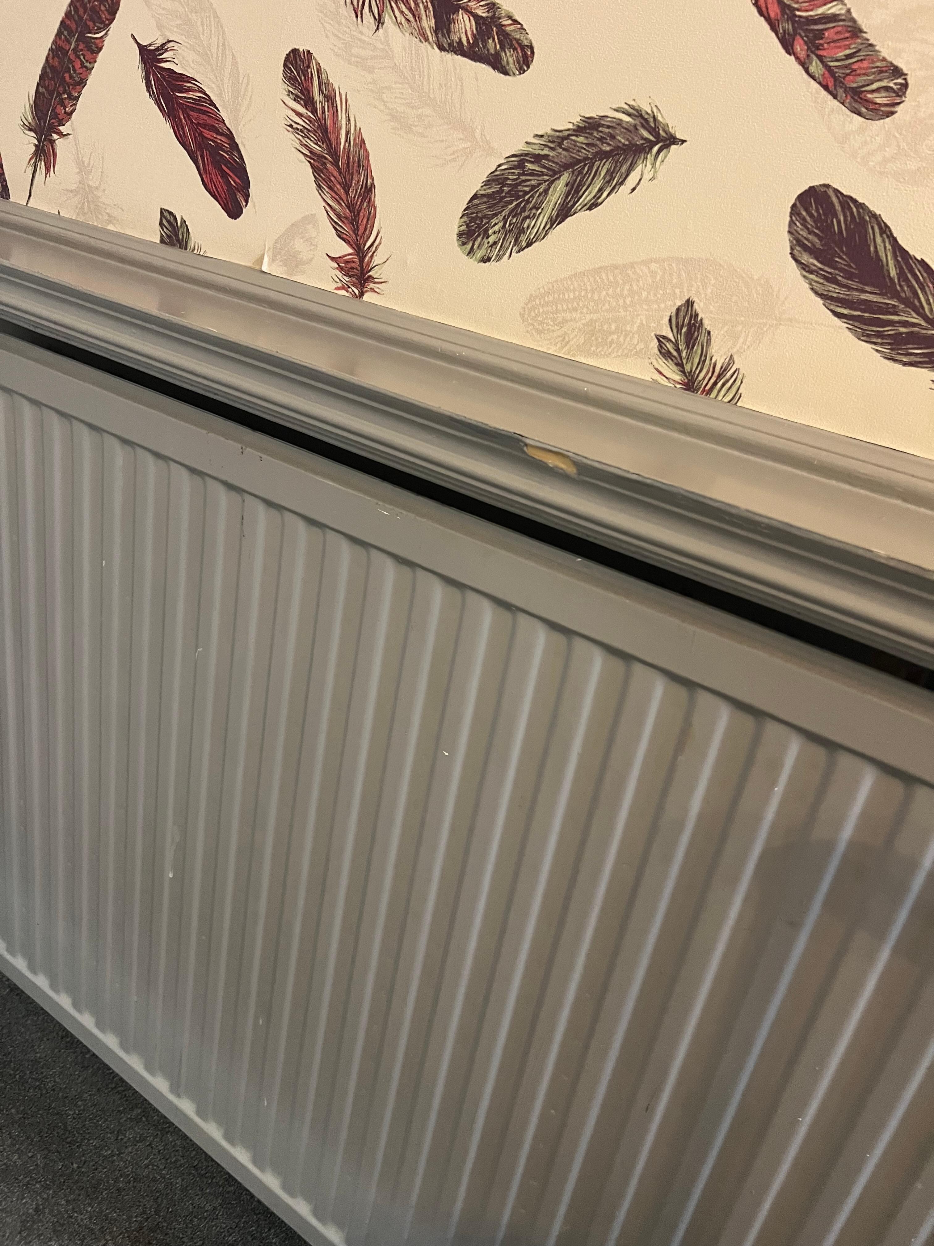 Water marked and pealing wallpaper with scratched up paint